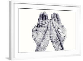 Double Exposure of the Palms of a Man Put Together and a Railway, in Black and White-nito-Framed Photographic Print