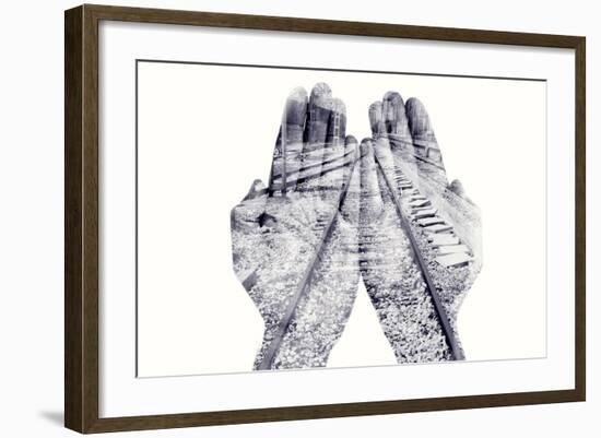 Double Exposure of the Palms of a Man Put Together and a Railway, in Black and White-nito-Framed Photographic Print