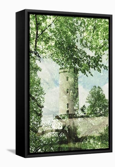 Double exposure of the Sparrenberg Castle / Sparrenburg with the green of the trees in the spring-Nadja Jacke-Framed Stretched Canvas