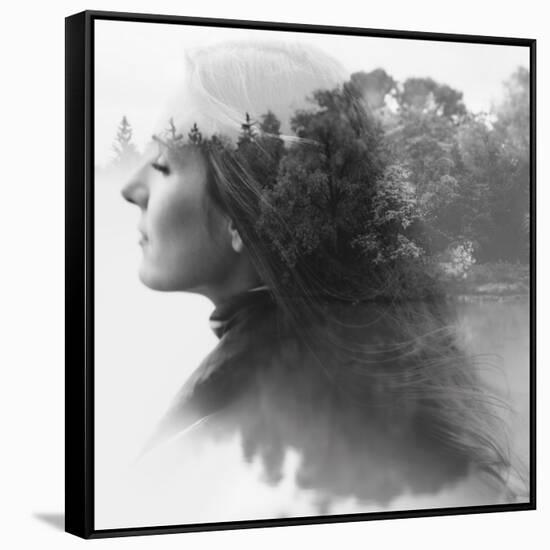 Double Exposure of Young Female and the Forest near the Lake(Tilt-Shift Lens)-Kuzma-Framed Stretched Canvas