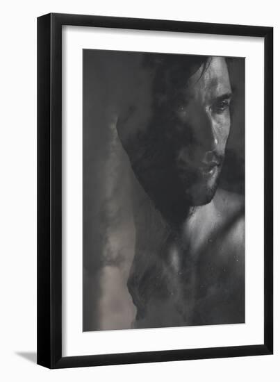 Double Exposure Portrait of a Man Combined with Photograph of Mountains in Heavy Clouds-Victor Tongdee-Framed Premium Photographic Print