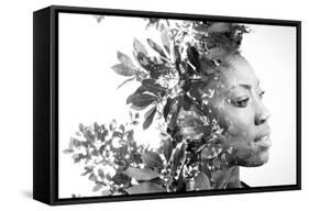 Double Exposure Portrait of Attractive African American Woman Combined with Photograph of Leaves-Victor Tongdee-Framed Stretched Canvas