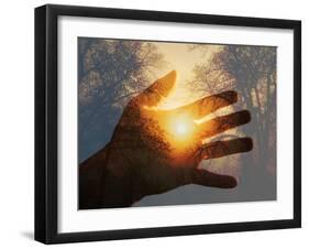 Double Exposure with a Sunrise behind Trees with a Hand-Sari ONeal-Framed Photographic Print