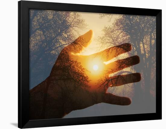 Double Exposure with a Sunrise behind Trees with a Hand-Sari ONeal-Framed Photographic Print