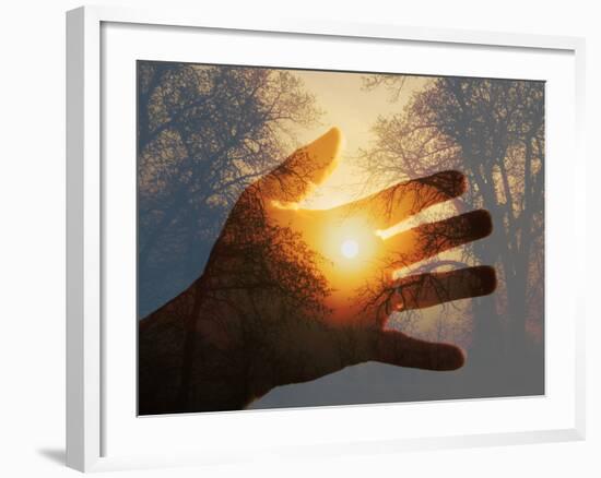 Double Exposure with a Sunrise behind Trees with a Hand-Sari ONeal-Framed Photographic Print