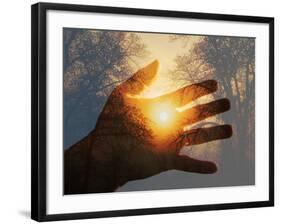 Double Exposure with a Sunrise behind Trees with a Hand-Sari ONeal-Framed Photographic Print