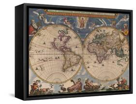 Double Hemisphere Map of the World-Joan Blaeu-Framed Stretched Canvas