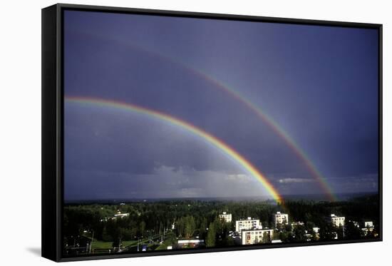Double Rainbow Over a Town-Pekka Parviainen-Framed Stretched Canvas