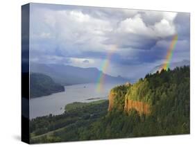 Double Rainbow over Vista House-Steve Terrill-Stretched Canvas