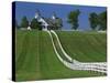 Double White Fence Flows from an Elegant Horse Barn, Woodford County, Kentucky, USA-Dennis Flaherty-Stretched Canvas