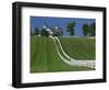 Double White Fence Flows from an Elegant Horse Barn, Woodford County, Kentucky, USA-Dennis Flaherty-Framed Photographic Print