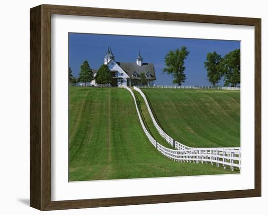 Double White Fence Flows from an Elegant Horse Barn, Woodford County, Kentucky, USA-Dennis Flaherty-Framed Photographic Print