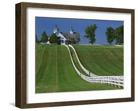 Double White Fence Flows from an Elegant Horse Barn, Woodford County, Kentucky, USA-Dennis Flaherty-Framed Photographic Print