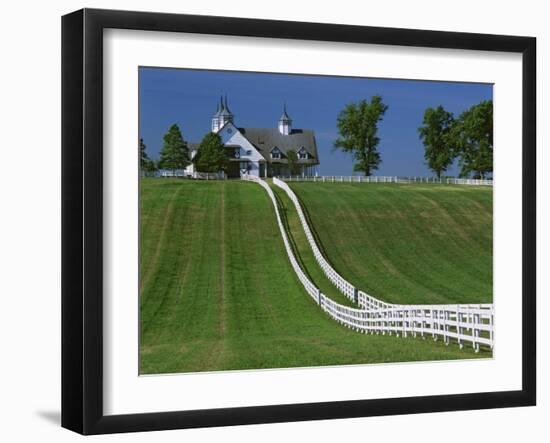 Double White Fence Flows from an Elegant Horse Barn, Woodford County, Kentucky, USA-Dennis Flaherty-Framed Photographic Print