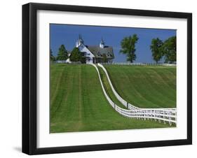 Double White Fence Flows from an Elegant Horse Barn, Woodford County, Kentucky, USA-Dennis Flaherty-Framed Photographic Print