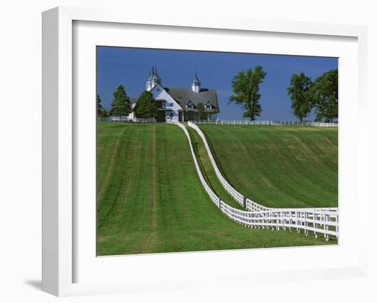 Double White Fence Flows from an Elegant Horse Barn, Woodford County, Kentucky, USA-Dennis Flaherty-Framed Photographic Print