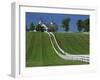 Double White Fence Flows from an Elegant Horse Barn, Woodford County, Kentucky, USA-Dennis Flaherty-Framed Photographic Print