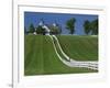 Double White Fence Flows from an Elegant Horse Barn, Woodford County, Kentucky, USA-Dennis Flaherty-Framed Photographic Print