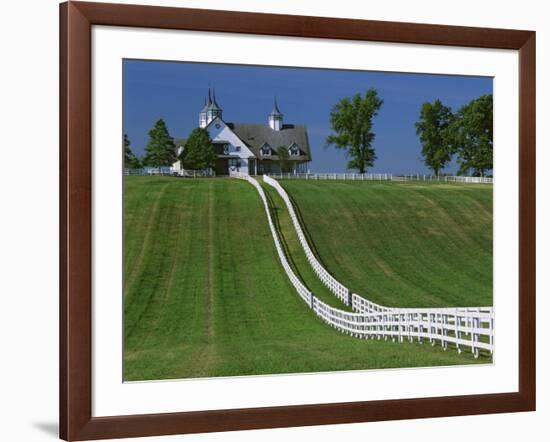 Double White Fence Flows from an Elegant Horse Barn, Woodford County, Kentucky, USA-Dennis Flaherty-Framed Photographic Print