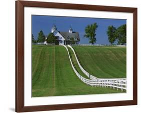 Double White Fence Flows from an Elegant Horse Barn, Woodford County, Kentucky, USA-Dennis Flaherty-Framed Photographic Print