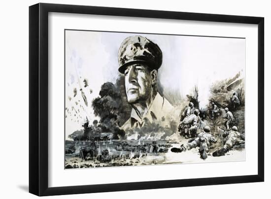 Douglas Macarthur with D-Day Landing Scenes-Graham Coton-Framed Giclee Print