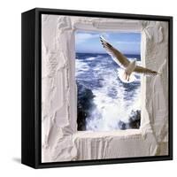 Dove Flying Toward Camera Through Plaster Frame with Ocean Waves in Background-null-Framed Stretched Canvas