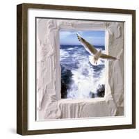 Dove Flying Toward Camera Through Plaster Frame with Ocean Waves in Background-null-Framed Photographic Print