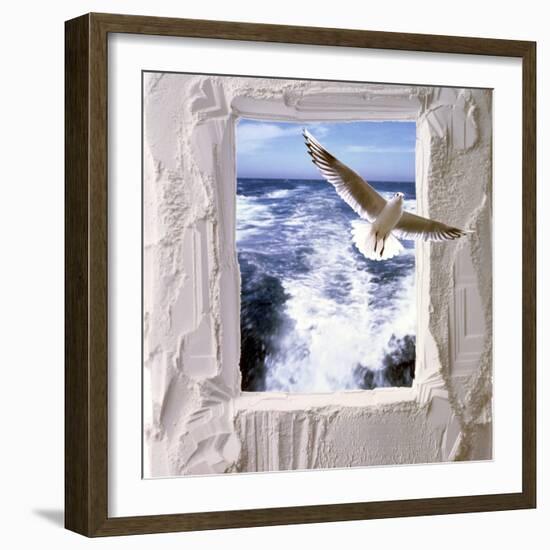 Dove Flying Toward Camera Through Plaster Frame with Ocean Waves in Background-null-Framed Photographic Print