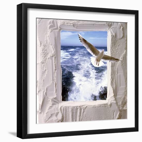 Dove Flying Toward Camera Through Plaster Frame with Ocean Waves in Background-null-Framed Photographic Print