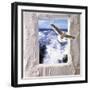 Dove Flying Toward Camera Through Plaster Frame with Ocean Waves in Background-null-Framed Photographic Print