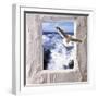 Dove Flying Toward Camera Through Plaster Frame with Ocean Waves in Background-null-Framed Photographic Print