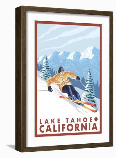 Downhhill Snow Skier, Lake Tahoe, California-Lantern Press-Framed Art Print