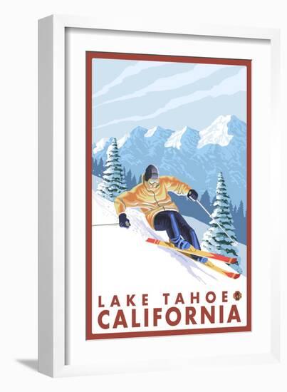 Downhhill Snow Skier, Lake Tahoe, California-Lantern Press-Framed Art Print