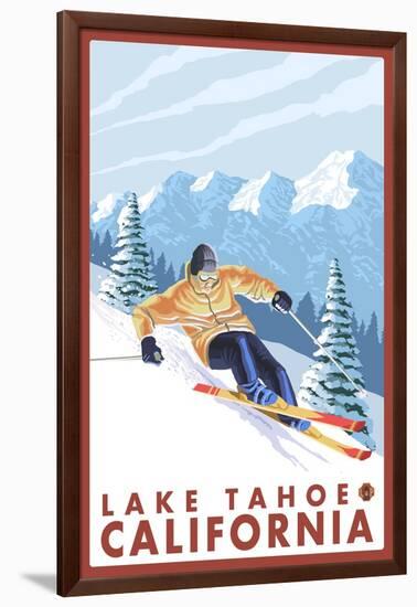 Downhhill Snow Skier, Lake Tahoe, California-Lantern Press-Framed Art Print