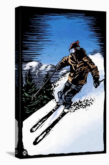Downhill Skier - Scratchboard-Lantern Press-Stretched Canvas