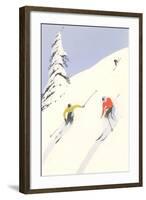 Downhill Skiers in Powder-null-Framed Art Print