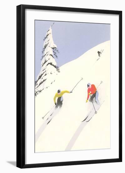 Downhill Skiers in Powder-null-Framed Art Print