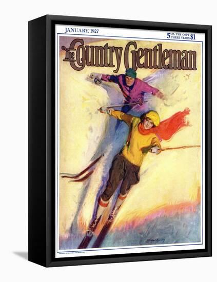 "Downhill Skiing," Country Gentleman Cover, January 1, 1927-McClelland Barclay-Framed Stretched Canvas