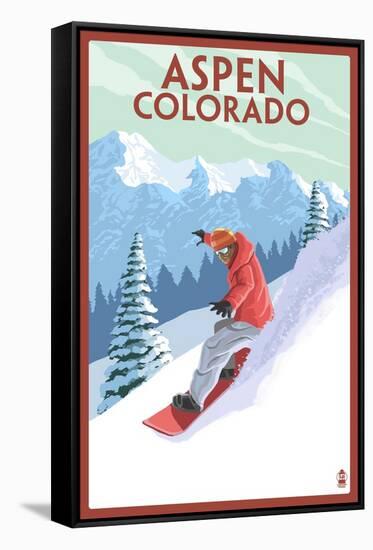 Downhill Snowboarder - Aspen, Colorado-Lantern Press-Framed Stretched Canvas