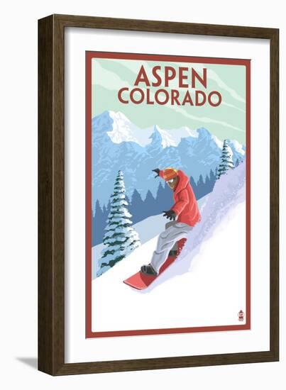 Downhill Snowboarder - Aspen, Colorado-Lantern Press-Framed Art Print