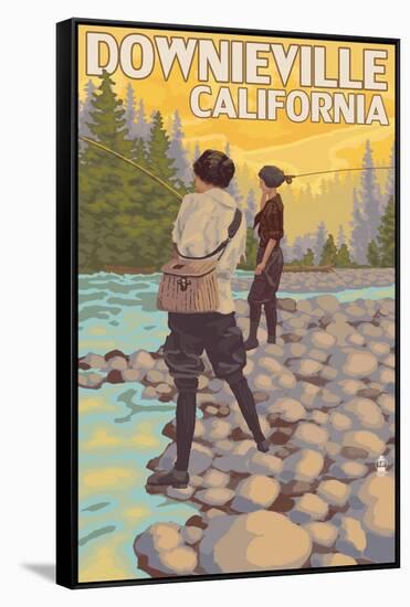 Downieville, California - Women Fishing-Lantern Press-Framed Stretched Canvas