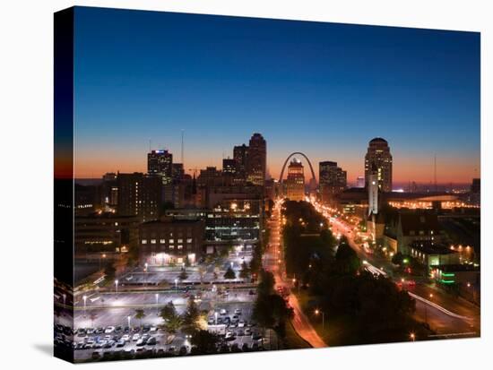 Downtown and Gateway Arch at Dawn, St. Louis, Missouri, USA-Walter Bibikow-Stretched Canvas