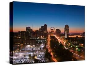 Downtown and Gateway Arch at Dawn, St. Louis, Missouri, USA-Walter Bibikow-Stretched Canvas