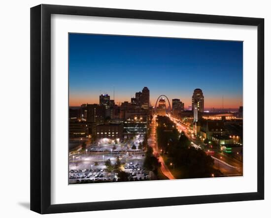 Downtown and Gateway Arch at Dawn, St. Louis, Missouri, USA-Walter Bibikow-Framed Premium Photographic Print