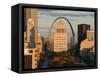 Downtown and Gateway Arch from the West at Sunset, St. Louis, Missouri, USA-Walter Bibikow-Framed Stretched Canvas
