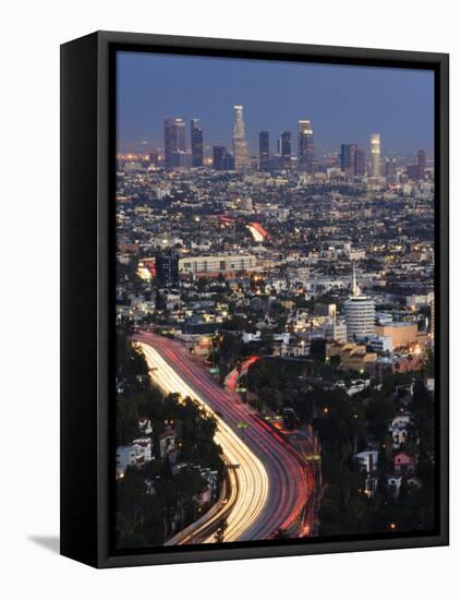 Downtown District Skyscrapers and Car Lights on a City Highway, Los Angeles, California, USA-Kober Christian-Framed Stretched Canvas