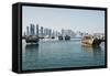 Downtown Doha with its Impressive Skyline of Skyscrapers and Authentic Dhows in the Bay-Matt-Framed Stretched Canvas