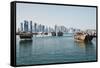 Downtown Doha with its Impressive Skyline of Skyscrapers and Authentic Dhows in the Bay-Matt-Framed Stretched Canvas