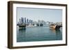 Downtown Doha with its Impressive Skyline of Skyscrapers and Authentic Dhows in the Bay-Matt-Framed Photographic Print