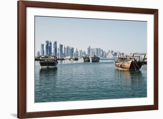 Downtown Doha with its Impressive Skyline of Skyscrapers and Authentic Dhows in the Bay-Matt-Framed Photographic Print